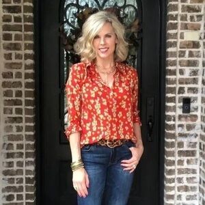 Cabi Belfry red floral top, size small